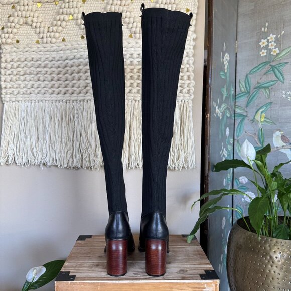 KELSI DAGGER BROOKLYN Black Leather Knit Over The Knee Curved Block Heel Boots - Picture 13 of 16